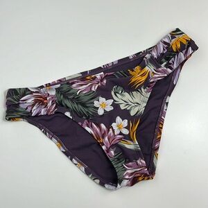 -Kona Sol Purple Floral Bikini Bathing Suit Bottom with Ruched Details Small